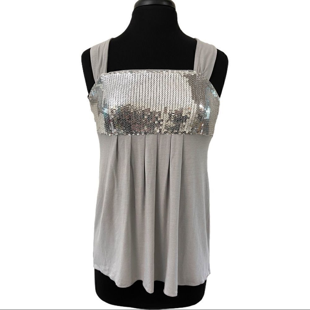 𝅺Inc International Concepts Silver Sequin Cross Back Baby Doll Tank Sz S